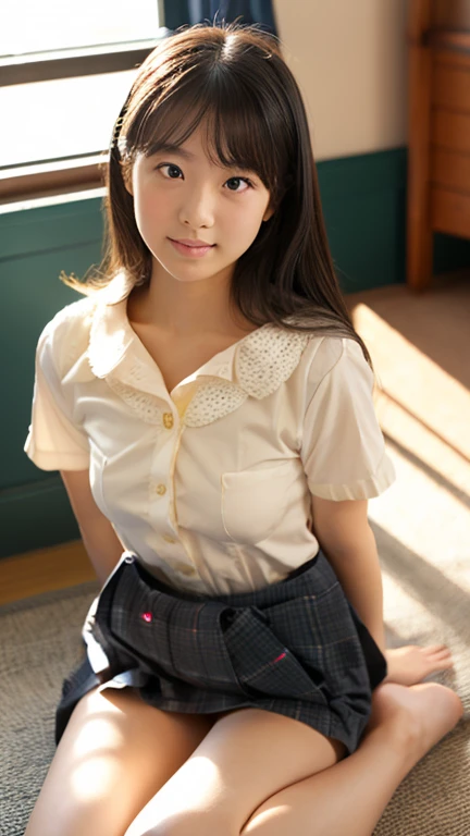 lens: 135mm f1.8,(Highest quality),(Tabletop:1.1), (Beautiful Japanese Girl), (Moisturized lips), Narrow eyes, double eyelid,Delicate clavicle,Flat Chest,Shortcuts,
(Let me me'Let me'Let's take another look), (close:1.4), shame, A faint smile,
(Spotted sunlight:1.2), Dramatic lighting,
(school uniform), (Sunburned skin:0.2),Full body photo、Full Body Focus、Sit on the floor with your legs open、Lift up the skirt、You can see inside her skirt