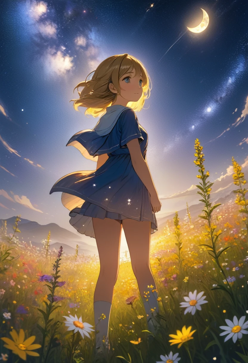 A girl on a meadow,Many stars shining in the wide sky,Shining Star,milky way,full moon,I look up and see,Wildflowers are in full bloom,Pure World,masterpiece,Highest quality,最高masterpiece,Detailed anime art,Digital Art,
