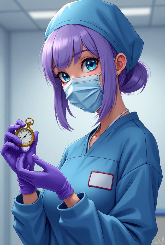 Surgical nurse wearing a bouffant cap surgical mask and purple latex gloves holding a small pocket watch by its chain blue eyes lavender hair