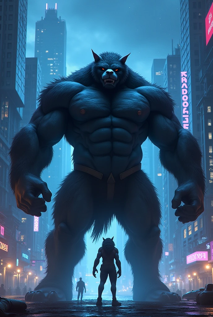 City background, skyscraper, futuristic city, night, stars, night lights, Beast from the movie Beauty and the Beast, Superhero, hero, Nadaria, massive muscles, huge pecs, chiseled ABS, huge pecs, exaggeratedly huge muscles. A furry hero whose presence inspires trust and respect. (((His hero suit is black and blue.)))