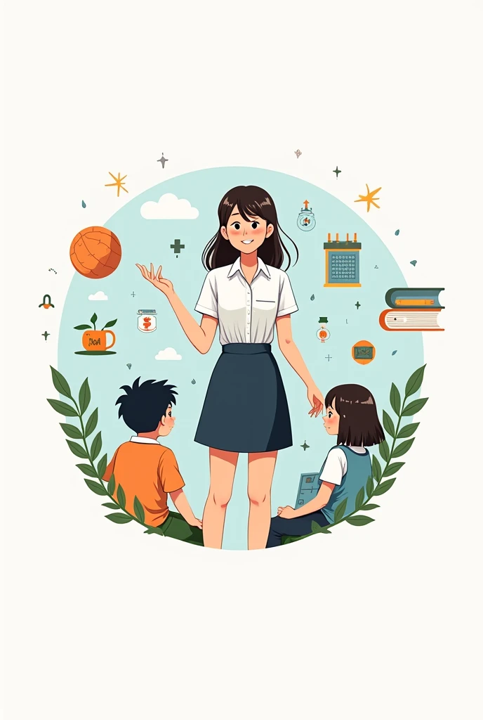 Sales logo on primary school educational materials and planning with educational symbols featuring a female teacher, formal attire and blackboard and students, IN THE SHAPE OF A CIRCLE, with anime design