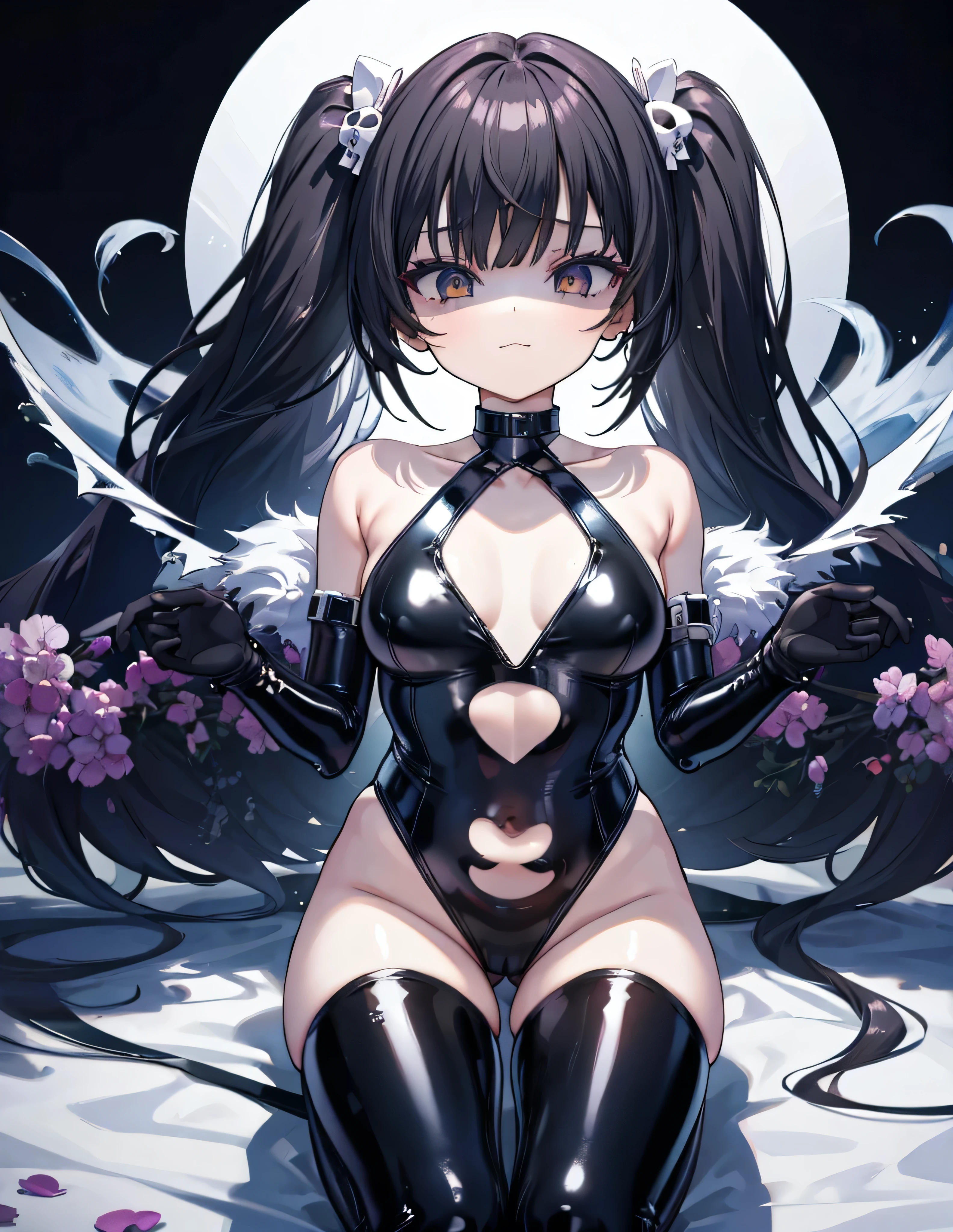 ((Highest quality)), (masterpiece)), (detailed: 1.4), Disorganized solutions、High resolution、(masterpiece:1.4)、Super detailed、Beautiful girl、Highest quality、masterpiece、Very detailed、(1 person):1.4、(Black latex swimsuit)、、Twin tails、Short Twin tails、choker、:1.1,(Shiny latex)、elbow fullgloves,thighhigh  boots,Dim landscape,Dark aura,ruins,skull,Bloodbath