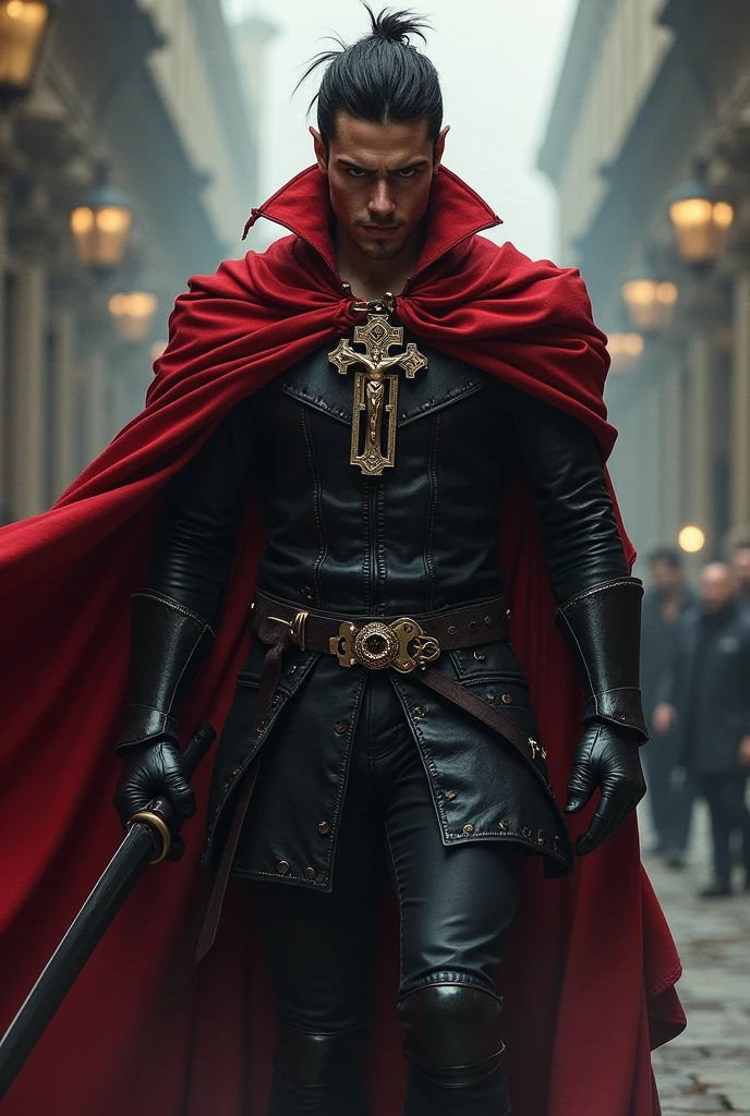 An incredibly handsome and masculine toreador vampire, he is greek and he is a knight templar, He is a 5th generation vampire therefore very powerful, he has a beautiful crucifix that is always with him and a cape
