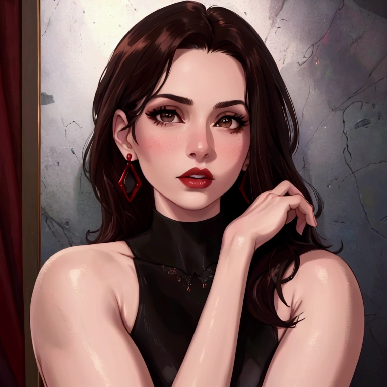 (best quality,4k,8k,highres,masterpiece:1.2),ultra-detailed,(realistic,photorealistic,photo-realistic:1.37),close up portrait of a girl with long dark hair,dark brown eyes,red lips,ruby earrings,pale skin,wearing a black turtleneck,cinematic lighting,intricate details,elegant,moody,dramatic