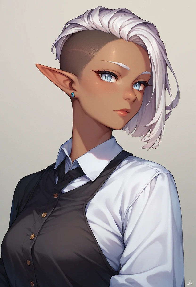 Anime dark skin elf female with long white hair with an undercut, silver eyes, dragon scales on her arms, wearing a black dress shirt with white pants 