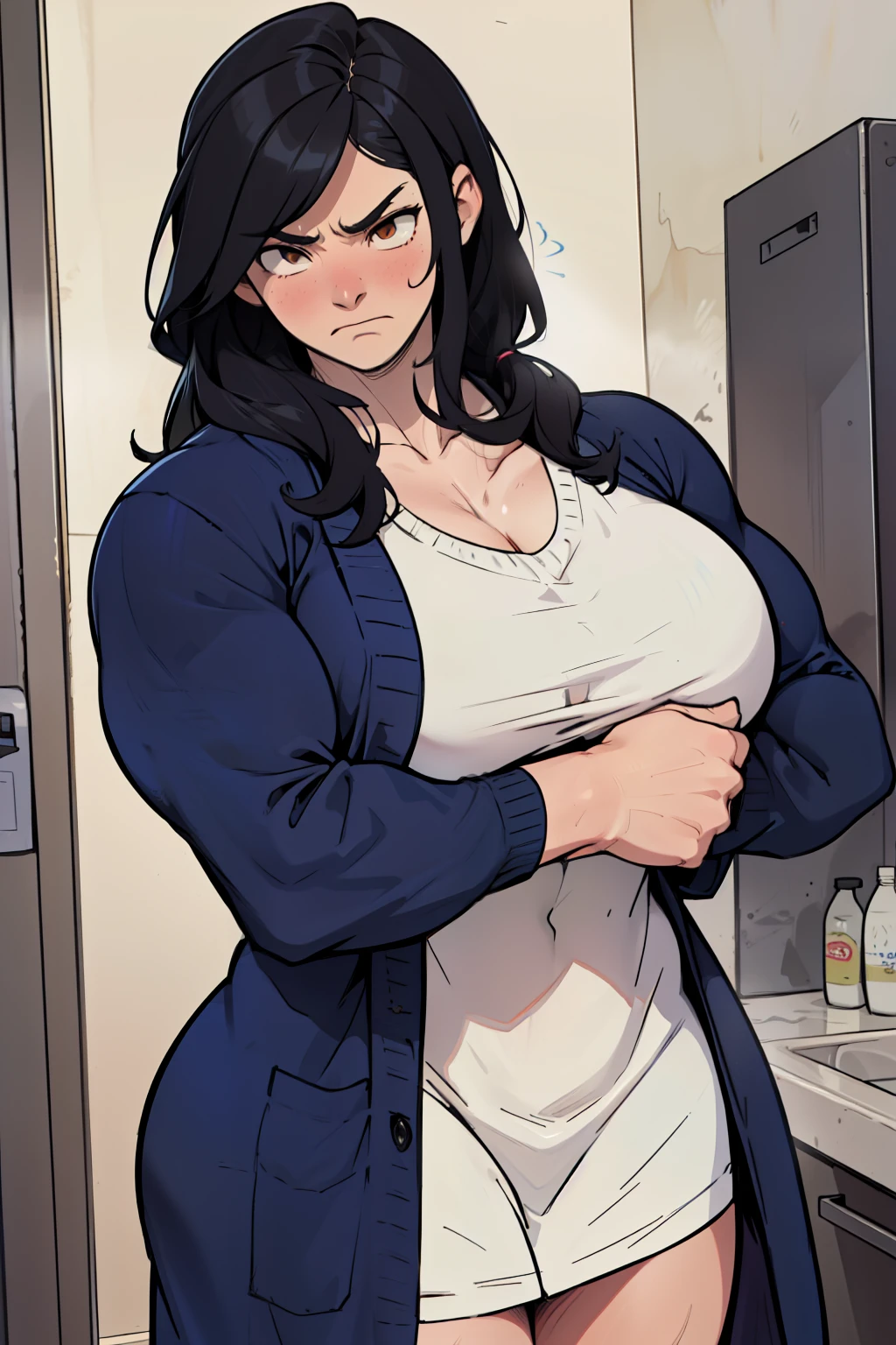 huge breasts huge breasts huge breasts bodybuilder muscular girl pale skin black hair yellow eyes dark atmosphere expressionless sad frown tight shirt long sleeve angry blush