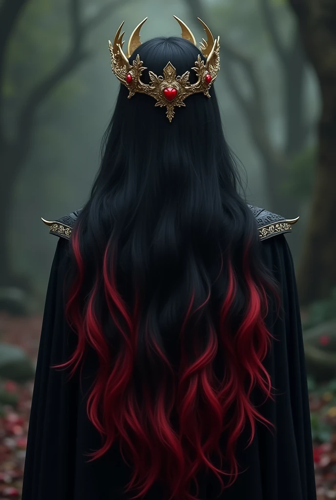 long wavy black hair with lots of red highlights, gold Crown, Dark Vibe, standing backwards