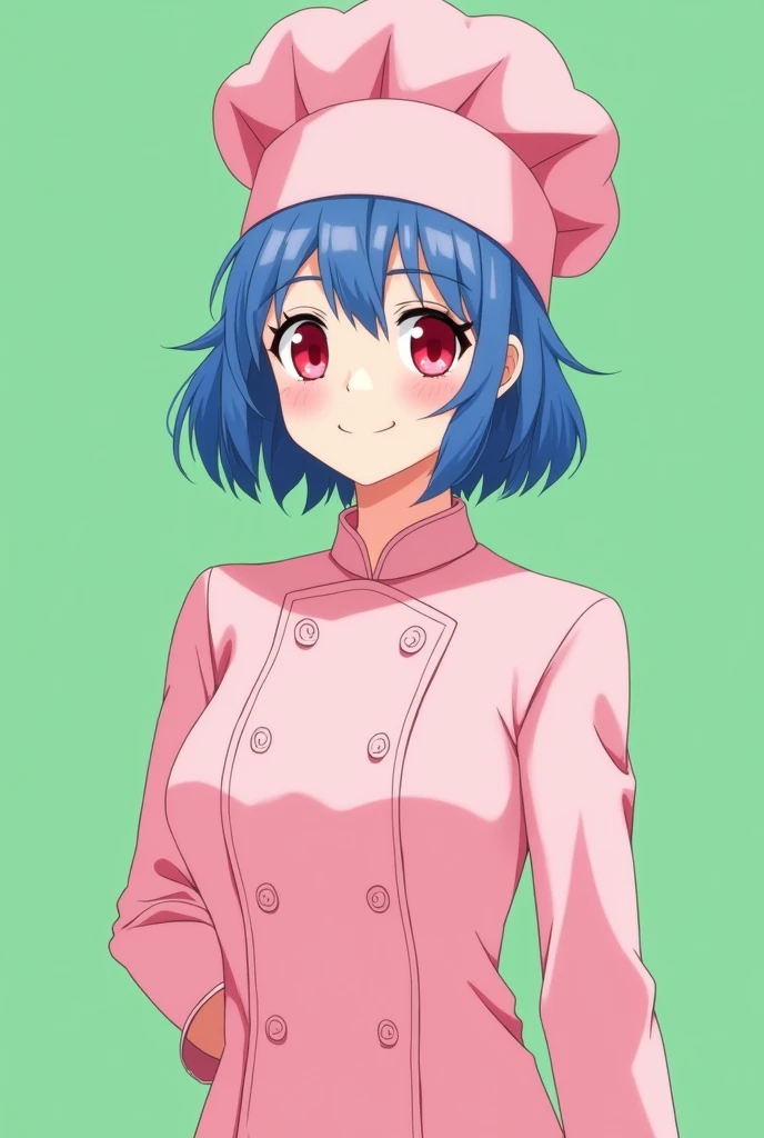 Female chef between 18 and 20 years old, with a pink long-sleeved uniform and a chef&#39;s hat of the same color, 2D anime style with pastel colors, short blue hair, Red eyes ,with a happy expression, on a completely green and flat background