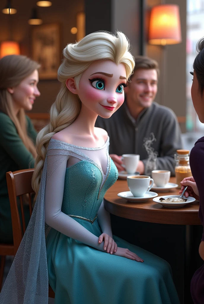 Humans drinking coffee with realistic Elsa from frozen