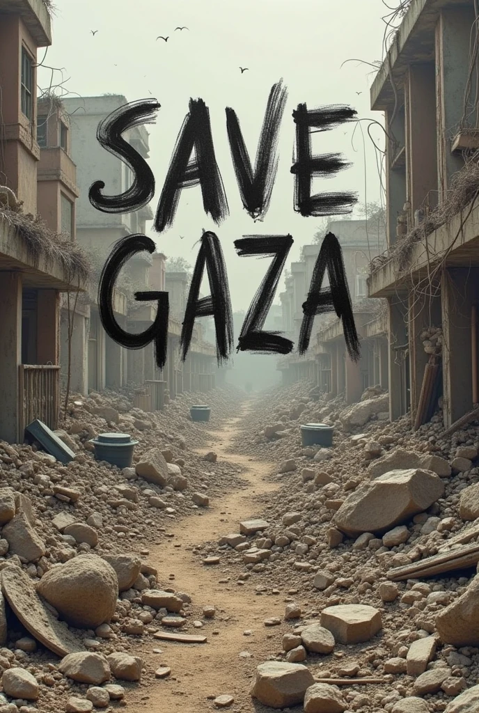 With the rubble create an image with Save Gaza written on it