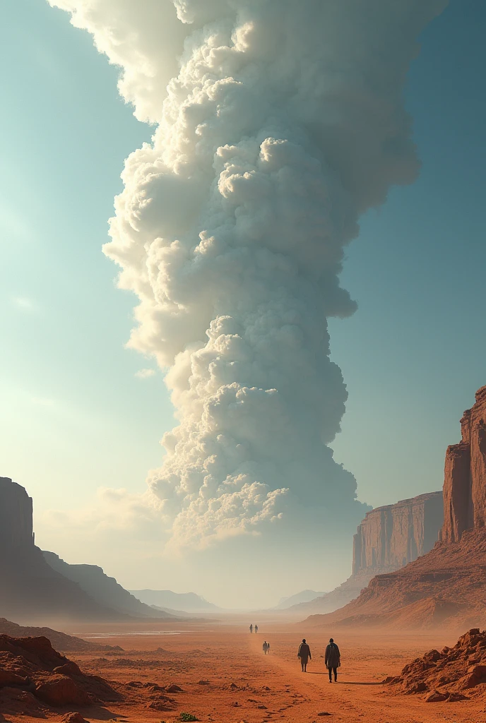 Column of cloud in the desert and people walking