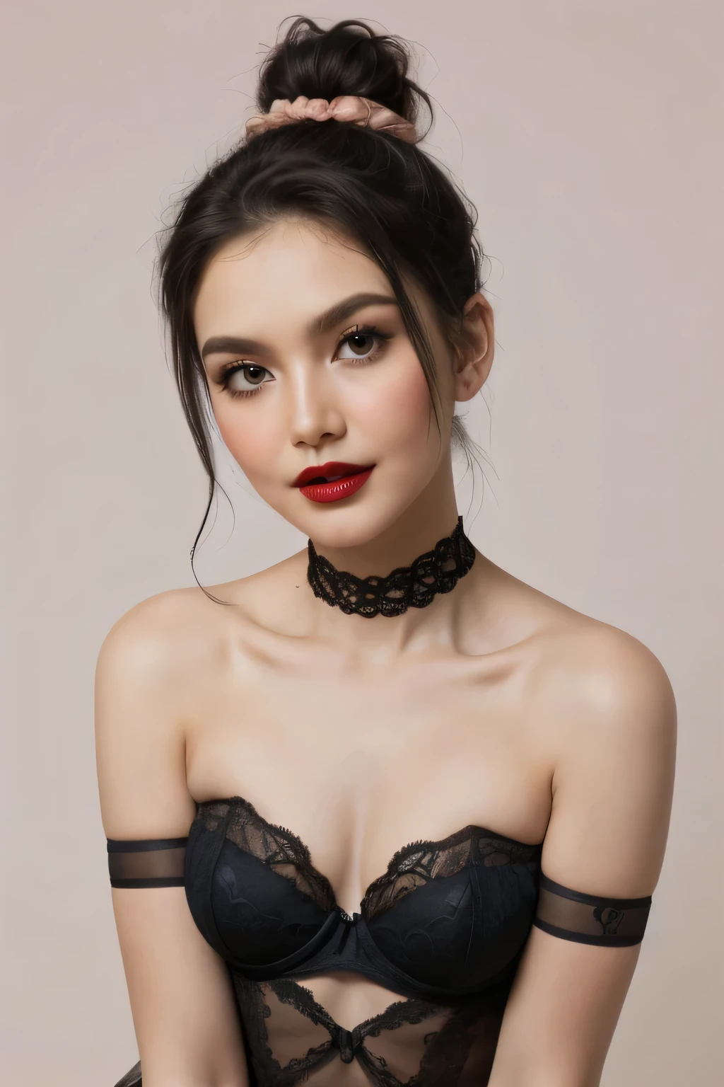 ((NAKED PEACH COLOUR)), ((PEACH BACKGROUND)), ((Thick lips:1.33)), ((FEMBOY)), PINK COLOUR, (((SAD FACE EXPRESSION:1)), ((NECK LACE)), ((GOTHIC PEACH EYELASHES & LIPS)), ((NAKED BLACK LIPS)), ((BUN HAIRSTYLE)), adorable, 1 girl, (face to face), , baby face, happy, half body portrait, (face details: 1), (eye details: 1), ((tiny breasts)). ((Strapless latch Pencil pattern)), ((net stockings)), lingerie ((red lips)), view from lie down, WELCOME TO THE MOON