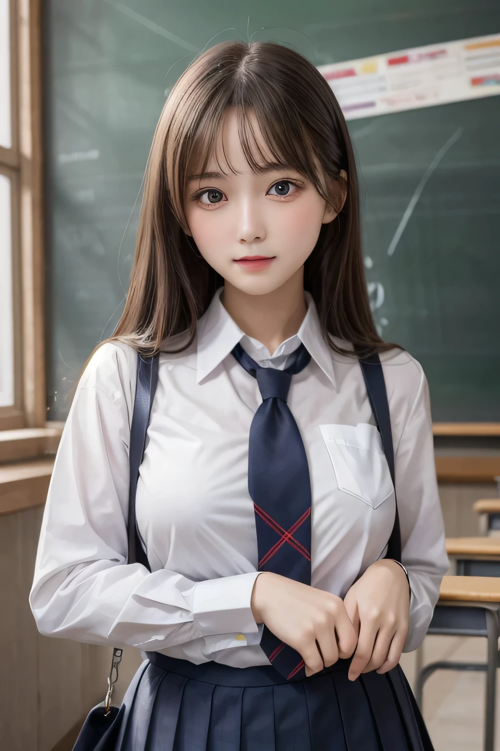 One Girl, 1 person,Highest quality,High resolution,超High resolution,8k,Realistic,Upper Body,encounter_audience,Large Breasts, the body is slim,(School uniform:1.2),