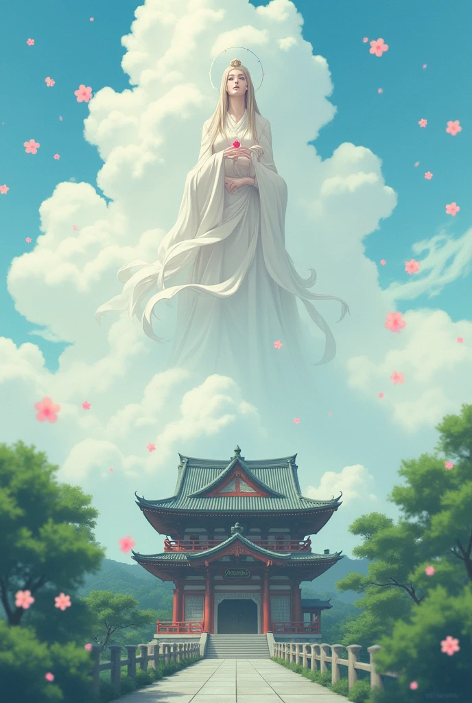 A female deity watches over the sky of a Japanese shrine with a warm gaze。