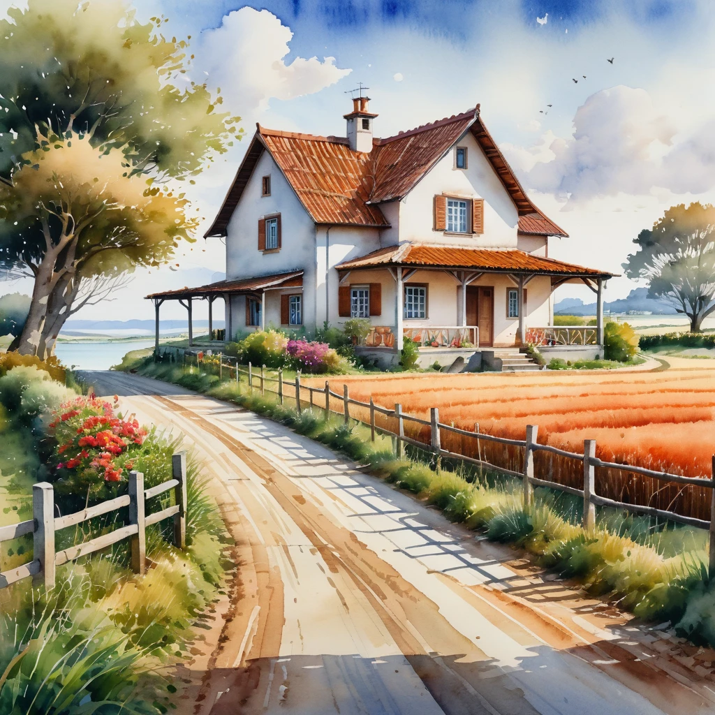 Realistic Watercolor Landscape Painting Of Countryside Road And House. watercolor landscape painting of a rural farmhouse on a road, capturing the serene beauty of the countryside. this highly detailed artwork, created in the style of uhd image and mori kei, showcases the talent of a skilled sea and coast painter. the use of polychrome terracotta hues adds depth and richness to the scene. vray technology enhances the visual appeal of this stunning artwork. hyper-maximalism, hdr, 32k, final render