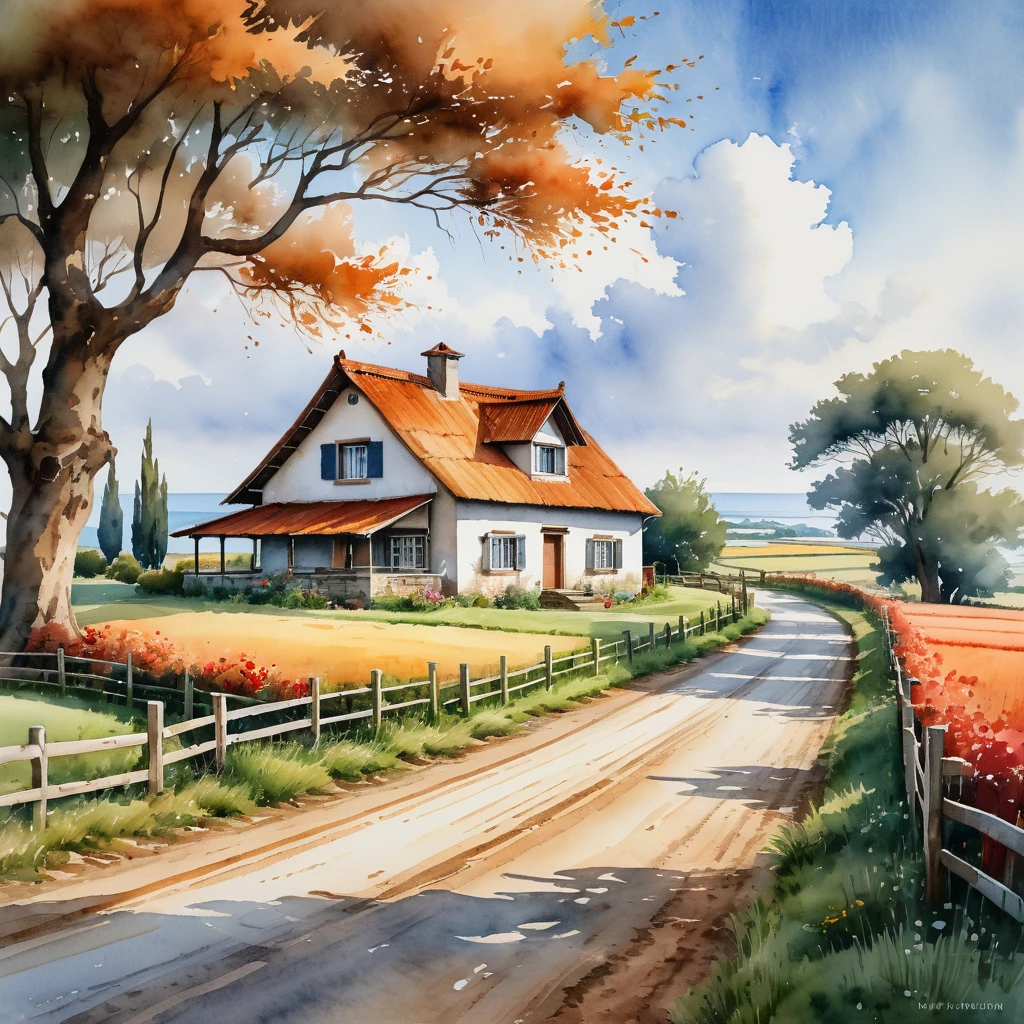 Realistic Watercolor Landscape Painting Of Countryside Road And House. watercolor landscape painting of a rural farmhouse on a road, capturing the serene beauty of the countryside. this highly detailed artwork, created in the style of uhd image and mori kei, showcases the talent of a skilled sea and coast painter. the use of polychrome terracotta hues adds depth and richness to the scene. vray technology enhances the visual appeal of this stunning artwork. hyper-maximalism, hdr, 32k, final render