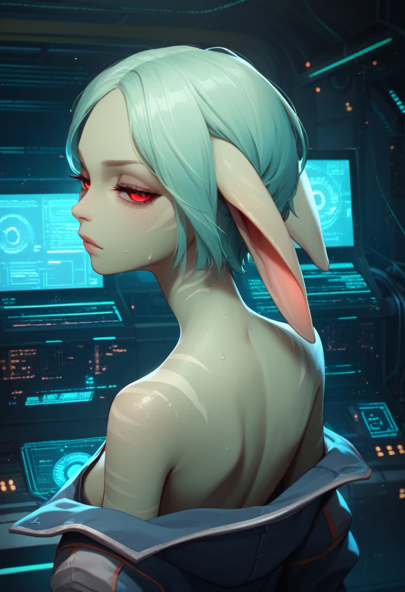 score_9, score_8_up, score_7_up, score_6_up, score_5_up, score_4_up, solo, cute alien girl engineer, long ears, (big evil eyes) , stripes, cute ,pupilless , close up, half closed eyes, wearing futuristic jumpsuit, dirty skin, skinny, engine room of a spaceship, detailed background, medium chest, indoor,(from behind), presenting her back, looking at viewer, sweating, holographic terminals, cleavage
