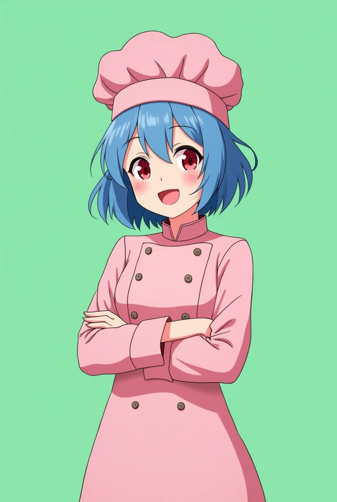 Female chef between 18 and 20 years old, with a pink long-sleeved uniform and a chef's hat of the same color, 2D anime style with pastel colors, short blue hair, Red eyes ,with a happy expression, on a completely green and flat background