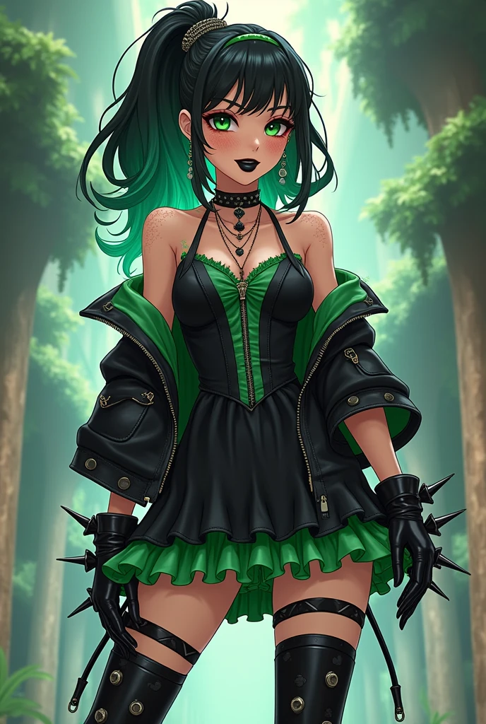 Coffee Black skin, female, black hair with a green stripe, black lipstick, freckles, happy, rockstar, her bridal motif changes to a rocker one, and she has a black sleeveless dress with a green ruffled underskirt and black shorts, and a black and green leather jacket and thigh high boots. She has sblack spikes on her boots, and a black spiked collar, wrist cuffs, and headband, with black spikes down the center of her dress. She also has black biker gloves and a clover zipper pull on her jacket. Anime, fantasy