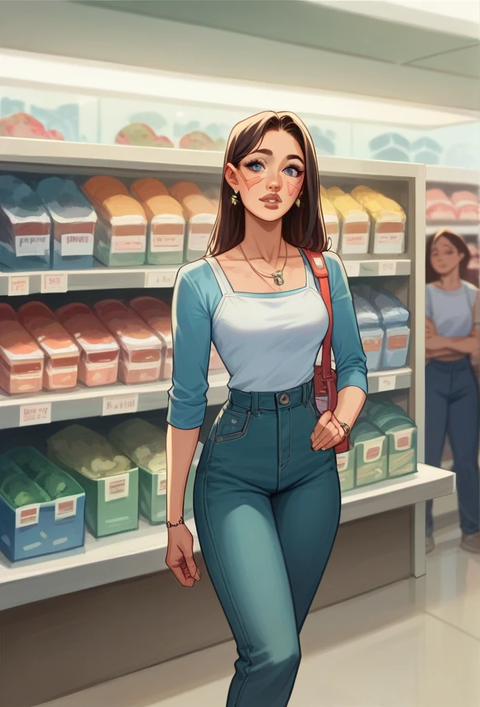 Ten ultra-realistic human-like androids dressed in sexy costumes are on display at a busy appliance store, cyberpunk ornaments in the store , cinematic details, robotic saleswoman in front of everyone to present what is for sale