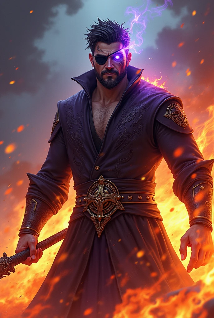 purple eye
eye patch fire mage male
