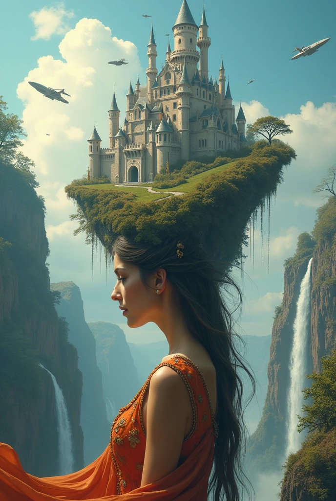 (((masterpiece))), a majestic castle emerges from a woman's hair, a woman with a castle on her head, spaceships fly over the castle, it is a fantastic landscape where human nature is recreated with nature, waterfalls, a dreamlike work of art