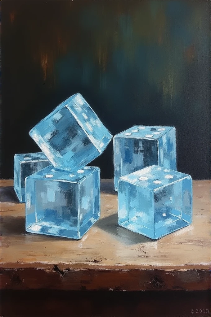 dice made of ice on a wooden table, artwork, oil painting