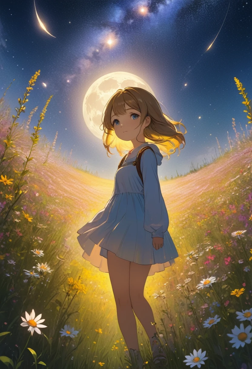 A girl on a meadow,Many stars shining in the wide sky,Shining Star,milky way,full moon,I look up and see,Wildflowers are in full bloom,Pure World,masterpiece,Highest quality,最高masterpiece,Detailed anime art,Digital Art,