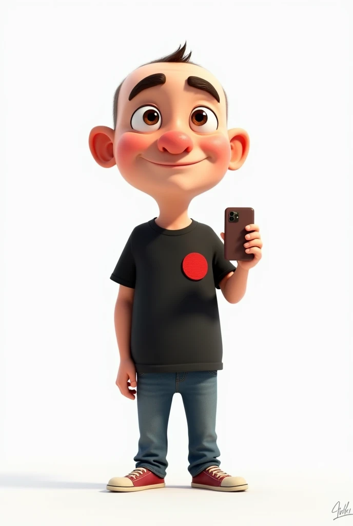Create a Disney Pixar style character in a white setting a white man,Round face, narigudo, with thick eyebrows, shaved hair, short, wearing a black t-shirt with a red circle on the left chest and jeans, with one hand holding a cell phone and the other pointing upwards