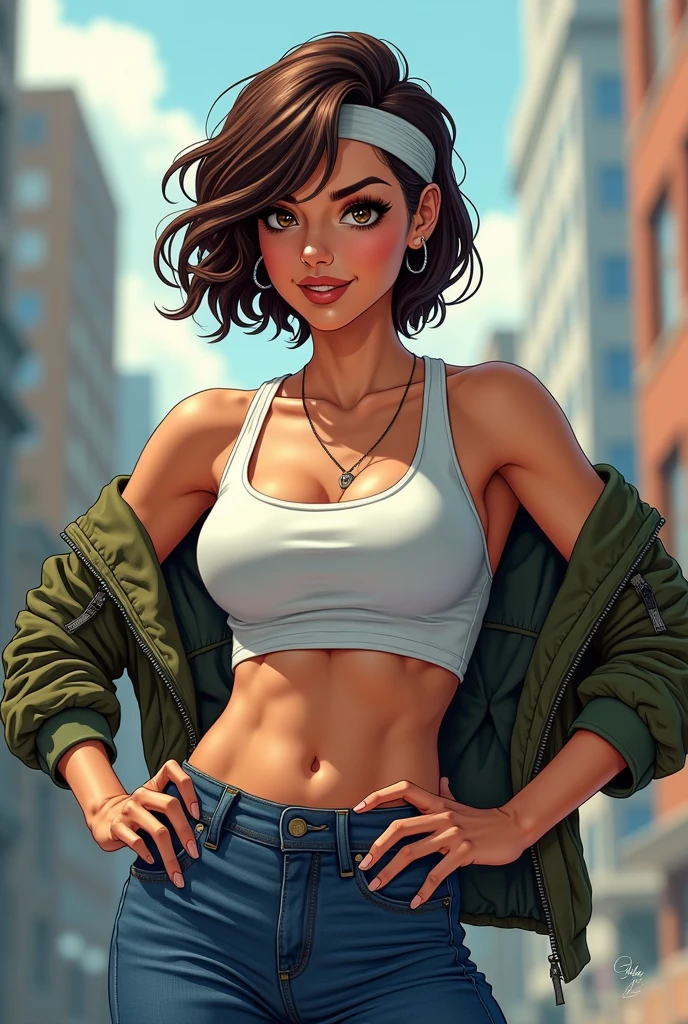 1girl, short busty brunette comic book woman, gorgeous face, masterpiece, beautiful, high quality, high definition, superb quality, highly detailed, insane detail, hands on hips, happy, smiling, sexy pose, hand on hip, long hair, huge ponytail, slim, thin, athletic, womanly, rubbery, elastic woman, (jacket and tank top, (olive-colored jacket), blue jeans, do-rag, do rag, tight tank top), rubber body, brunette, (((huge breasts, big , slim waist, overflowing breasts, too big for her top))), city, soft lighting, natural lighting, natural color, heroic, cheerful, (bold nose, hawkish facial features), blue skies