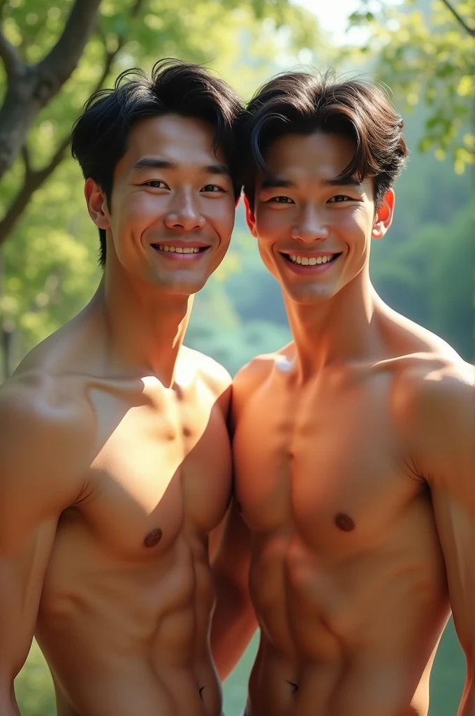 2 handsome half chinese young man shirtless, smiling
