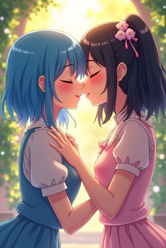 Anime style girl with blue hair kissing a black haired girl on the mouth