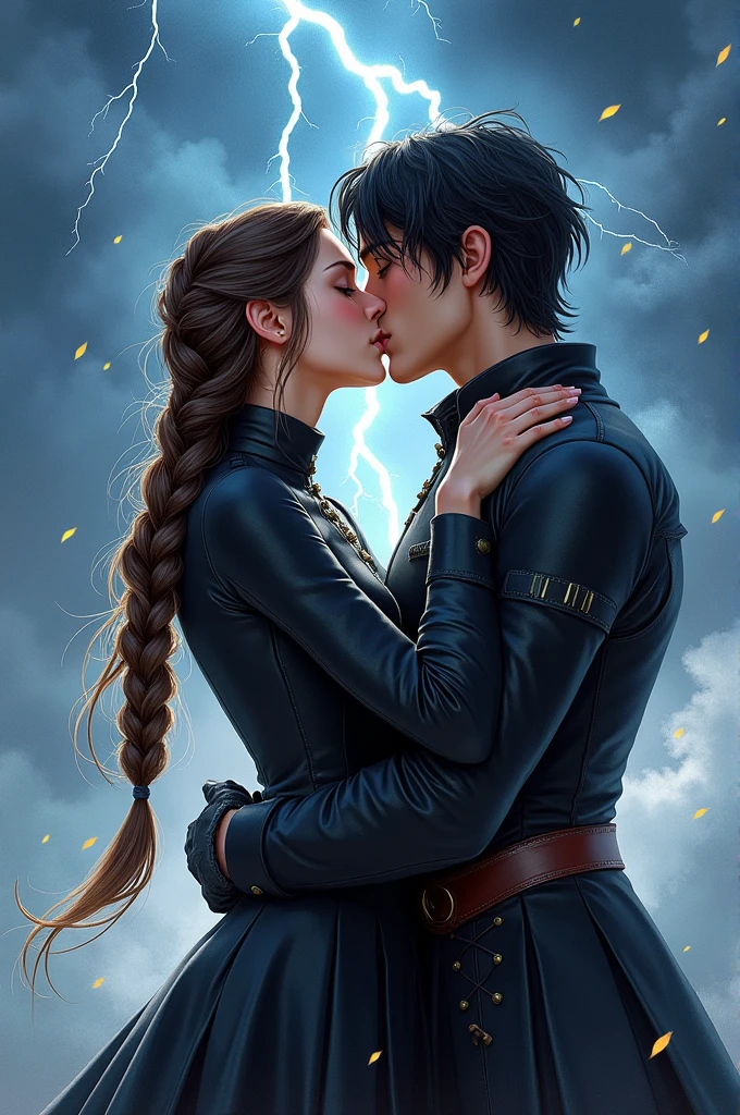 Full-body realistic watercolor illustration of Violeta Sorrengail and Xaden Riorson kissing passionately under a stormy sky. Violeta, with her long hair styled in a single, intricate braid that transitions from dark brown at the roots to white at the tips, is wearing her black dragon rider uniform, which accentuates her slender figure. Xaden, with his dark, tousled hair and muscular build, is dressed in the same black dragon rider outfit. The background features a dramatic sky illuminated by vivid lightning bolts, adding a dynamic and intense atmosphere to the scene. The lightning casts a bright, electrifying glow over the couple, highlighting their passionate embrace and the deep connection between them.
