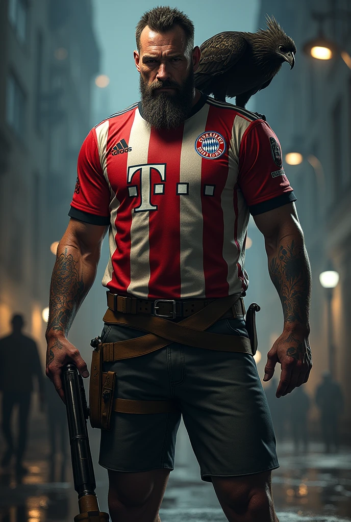 Billy Butcher in Bayern Munich jersey with shotgun in hand and vulture on shoulder