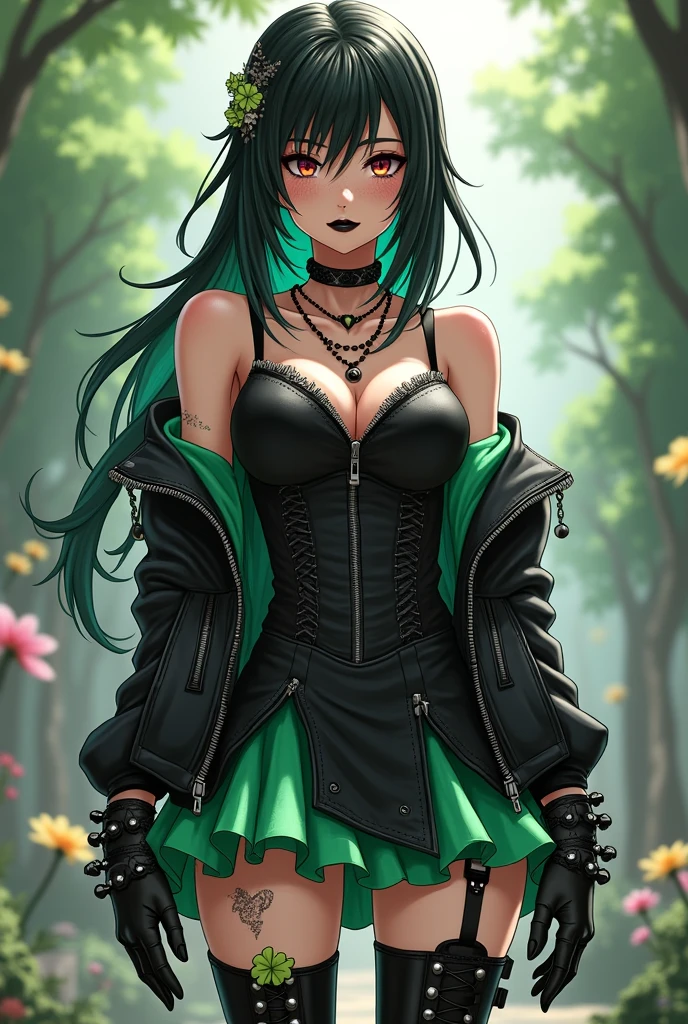 Coffee Black skin, female, black hair with a green stripe, black lipstick, freckles, happy, rockstar, her bridal motif changes to a rocker one, and she has a black sleeveless dress with a green ruffled underskirt and black shorts, and a black and green leather jacket and thigh high boots. She has sblack spikes on her boots, and a black spiked collar, wrist cuffs, and headband, with black spikes down the center of her dress. She also has black biker gloves and a clover zipper pull on her jacket. Anime, fantasy