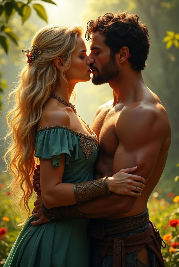 a gorgeous blonde warrior princess with blue eyes is hungrily kissing a handsome man, dark hair, caramel skin, a sharp chin and a beardless muscular warrior.