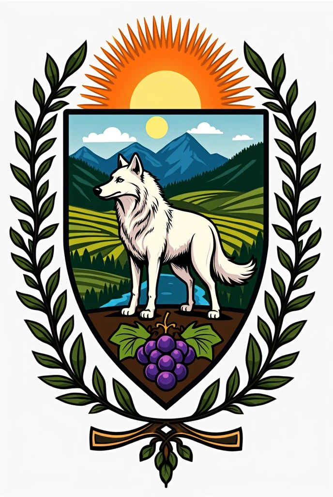 Make coat of arms of village. Make it with symbol of wolf, sun, river, field, mountain, wine
