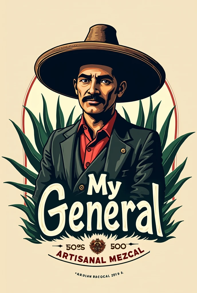 Mezcal logo, let it be called "My general" and is accompanied by an image of Emiliano Zapata with a large palm hat. Some magueys and the legend of artisanal mezcal 100% Oaxacan agave espadin. 
Tetecala, Morelos.
