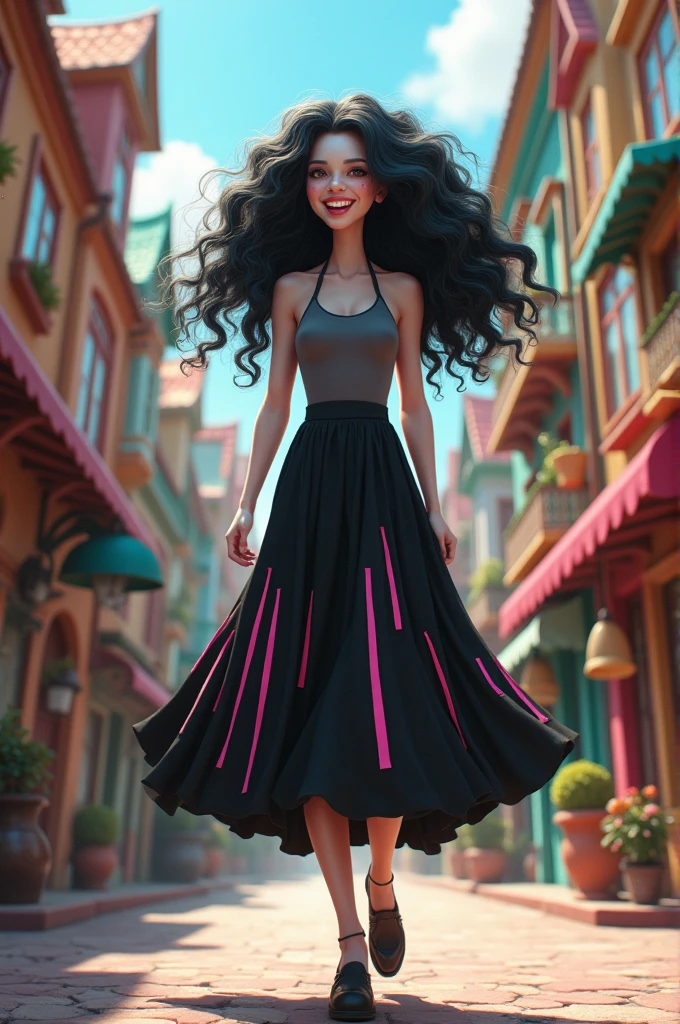 A woman with long black curly wavy hair, skin color loss, with a black skirt with 7 pink lines, walking down a street and laughing disney image