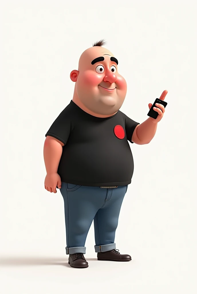Create a Disney Pixar style character in a white setting a white man,Round face, narigudo, with thick eyebrows, shaved hair, short, wearing a black t-shirt with a red circle on the left chest and jeans, with one hand holding a cell phone and the other pointing upwards