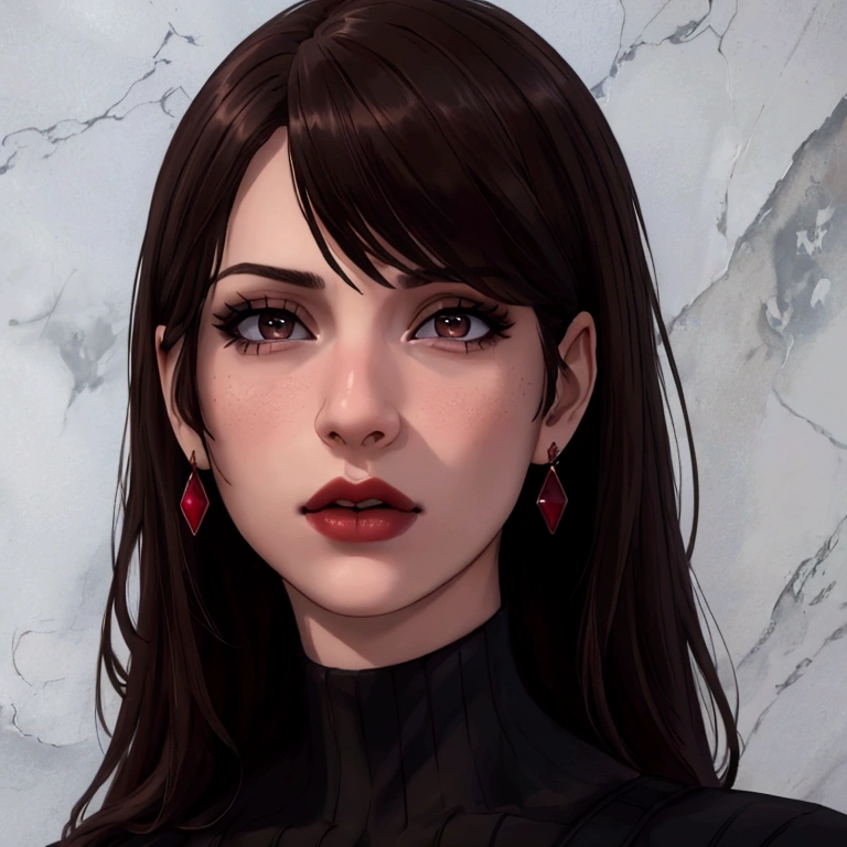 (best quality,4k,8k,highres,masterpiece:1.2),ultra-detailed,(realistic,photorealistic,photo-realistic:1.37),close up portrait of a girl with long dark hair,dark brown eyes,red lips,ruby earrings,pale skin,wearing a black turtleneck,cinematic lighting,intricate details,elegant,moody,dramatic,plain background