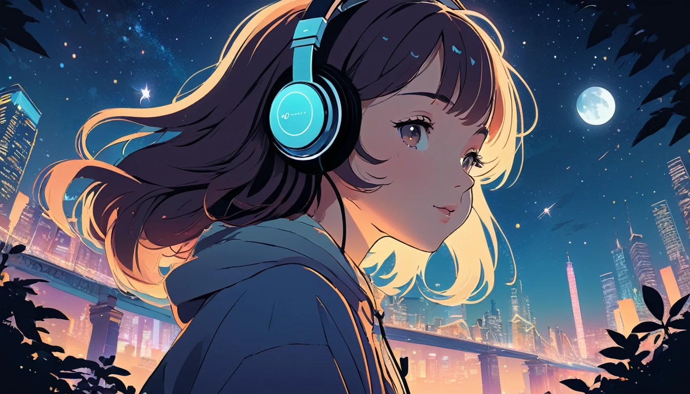 Woman wearing headphones, Night view、Wide-angle lens, Lofi Anime, Lofi illustration, Aesthetic atmosphere, Lo-Fi Style, Vector art, Flat Design, Simple shape, Warm tones, Pleasant atmosphere, Chill, In anime style, Digital drawing, Vector art, Vector logo for t-shirt printing, (Adorable:1.5), (small:1.4), (Playful:1.2), (soft:1.3), (Whimsical:1.1), masterpiece, Highest quality, 8k, Intricate details, grow, Celestial, Mysterious, Picturesque, amazing, Majestic, Magic, Fantasy art, Cover art, dream-like