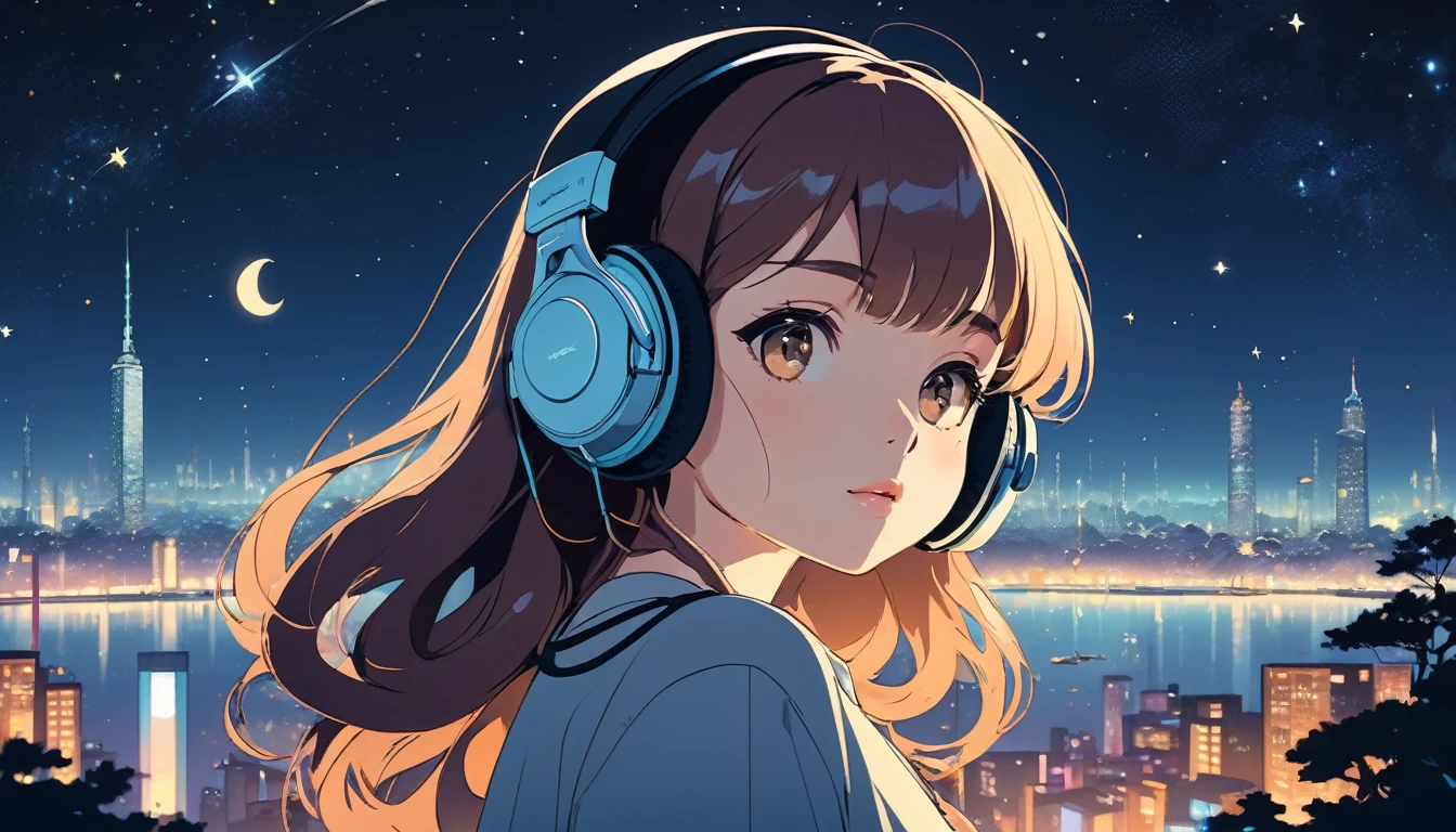 Woman wearing headphones, Night view、Wide-angle lens, Lofi Anime, Lofi illustration, Aesthetic atmosphere, Lo-Fi Style, Vector art, Flat Design, Simple shape, Warm tones, Pleasant atmosphere, Chill, In anime style, Digital drawing, Vector art, Vector logo for t-shirt printing, (Adorable:1.5), (small:1.4), (Playful:1.2), (soft:1.3), (Whimsical:1.1), masterpiece, Highest quality, 8k, Intricate details, grow, Celestial, Mysterious, Picturesque, amazing, Majestic, Magic, Fantasy art, Cover art, dream-like