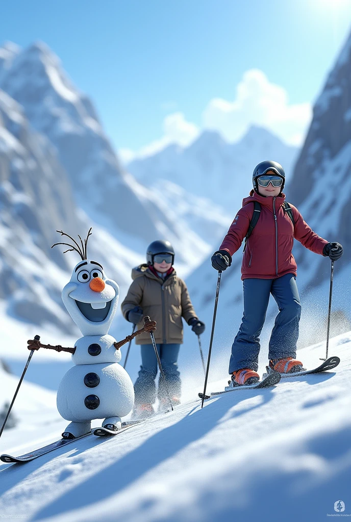 Humans skiing with realistic frozen Olaf
