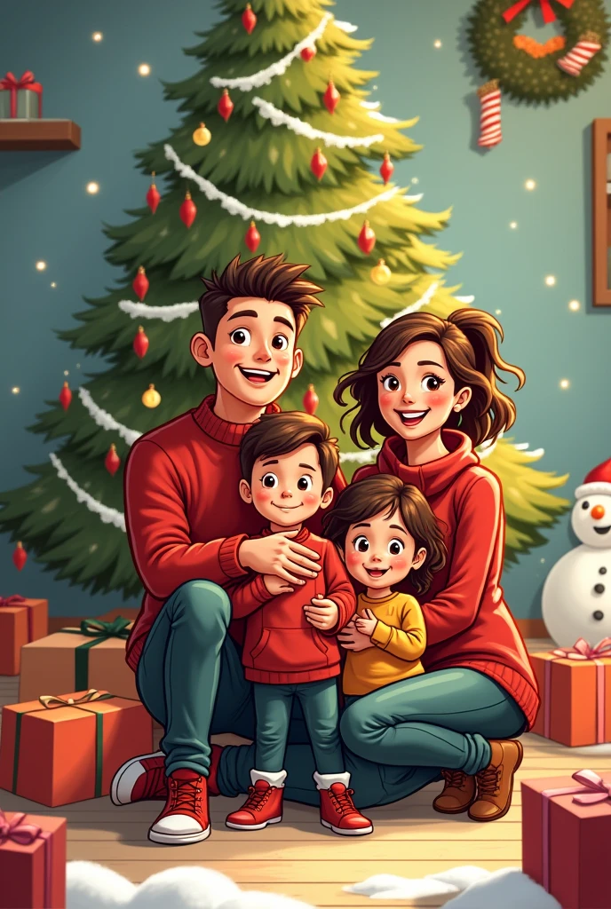 Draw a happy family at Christmas on Tyraz Art Line Drawing High quality and detailed cartoon, behind them the Christmas tree and gifts and their body is completely cleared in revolution with the addition of a snowman