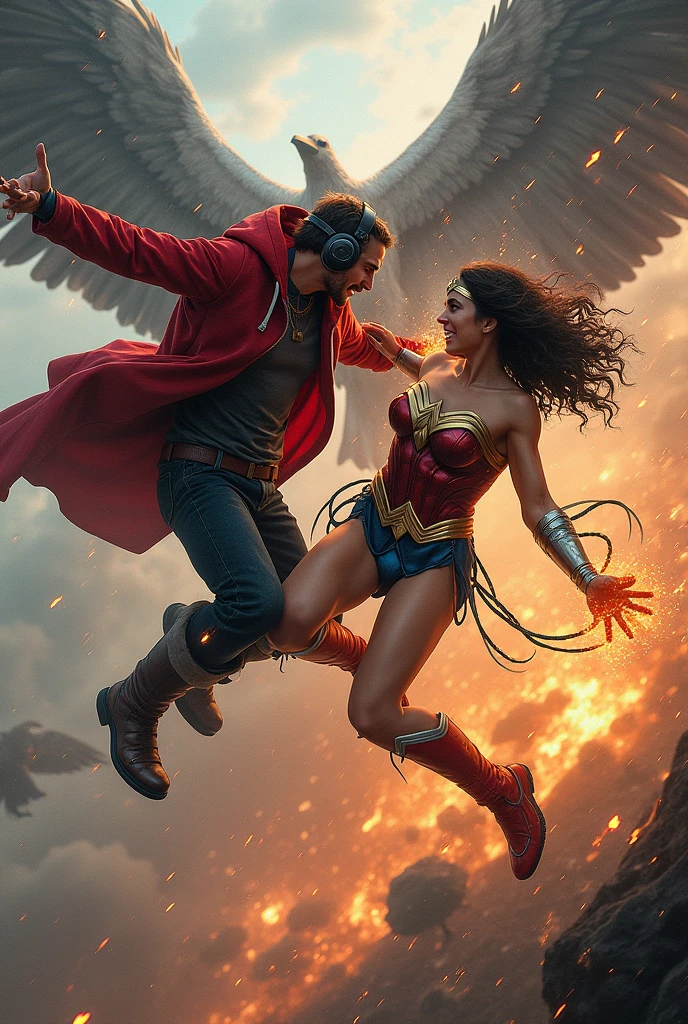 Young Star-lord with red hoodie, headphones, star-lord helmet on head, gas helmet, covered mouth, round red eyes, Red eyes, magic rings in the hands and rocket boots, Vs. Wonder woman (Big tits), Fighting, power, fiction, full body, 2 person, magic lasso, flying in the sky, hight, fall, fire in boots, hugged, poweful spells, fighting with evil giant birds