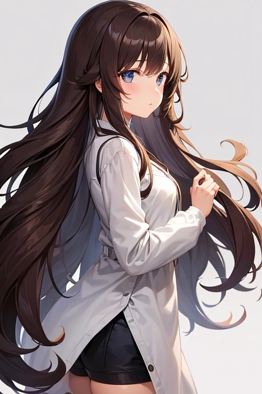 a 1 girl, beautfui, long brown hair, from side