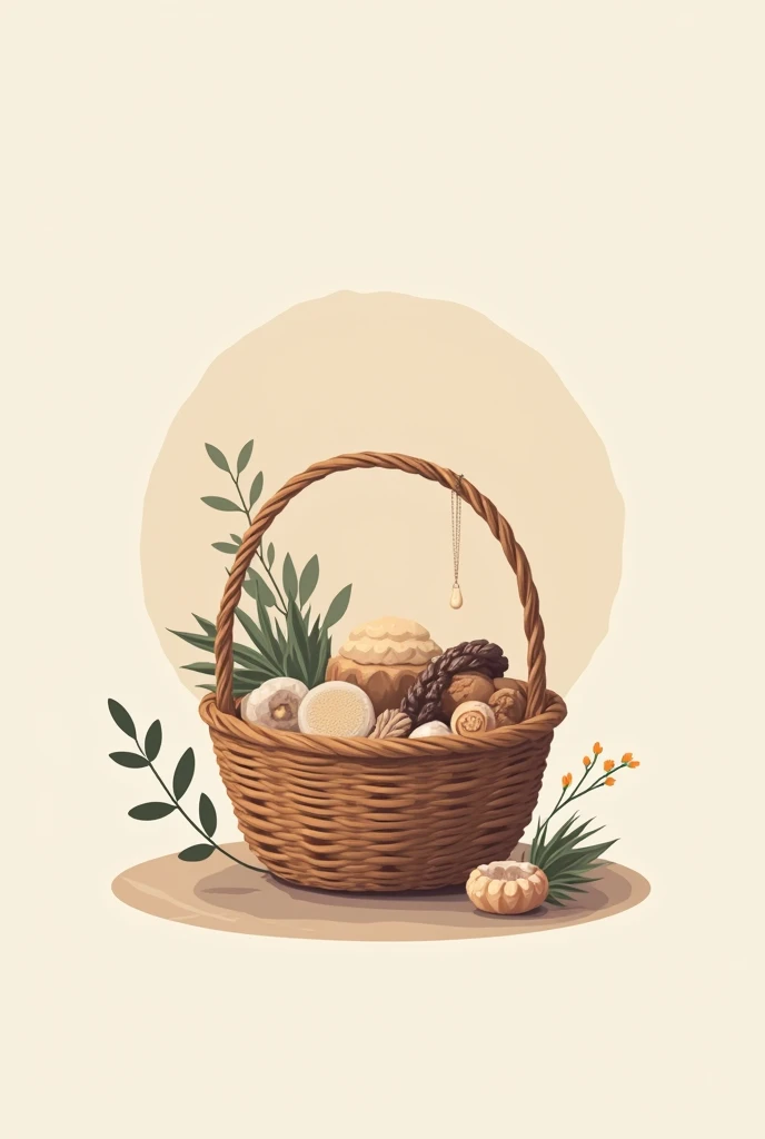 Logo, small basket, small crafts inside like necklaces, bracelet, and crafts, Soft colors.