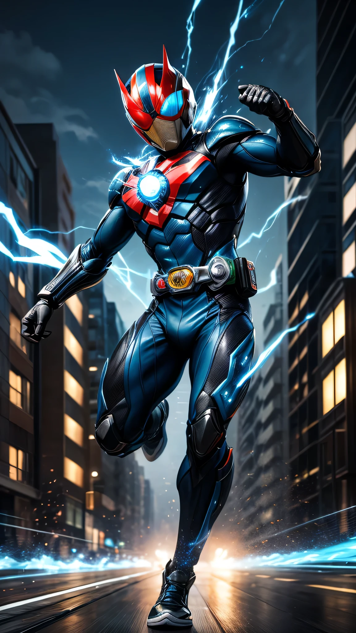 (work of art, best quality image),A boy, kamen rider, A hero based on white and blue, (dynamic pose | surrounding element:1.2), super verbose, Big city background, concentrated, shock wave, open air, car racer, Correndo em alta velocidade