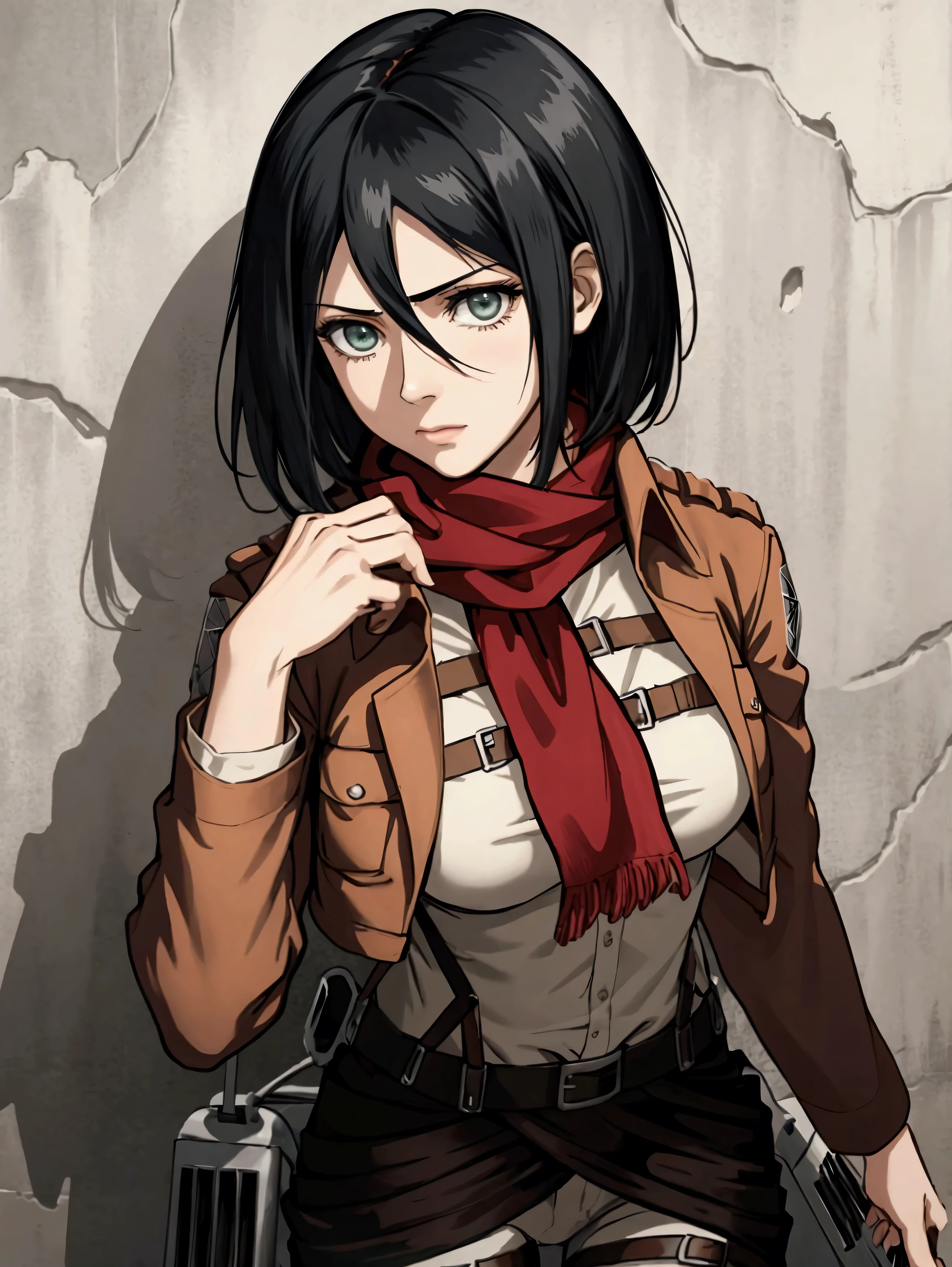 masterpiece, best quality, realistic, high detailed, photorealistic, mikasa ackerman(Attack on Titan),cleavage,Off-the-shoulder attire,1girl, arm strap, bangs, black hair, black pants, breasts, cowboy shot, embers, green eyes, grey background, hair between eyes, harness, long sleeves, looking at viewer, medium breasts, pants, red scarf, scarf, shirt, short hair, smoke, solo, thigh strap, brown jacket, white shirt, survey corps \(emblem\), castle tower wall